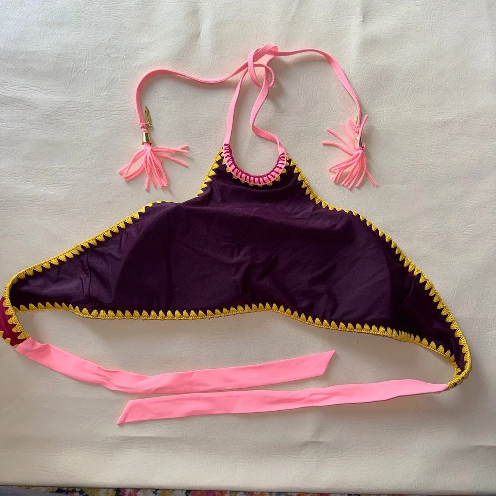 Burgundy High Neck Crochet Trim‎ Bikini Top Pink Tassels Gold Charms Boho